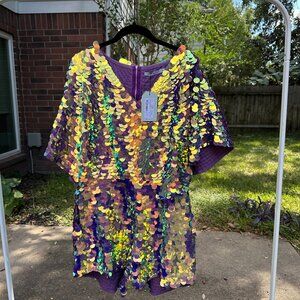 Rosa Bloom Mella Sequin Cape Playsuit (Size L, Orchid)